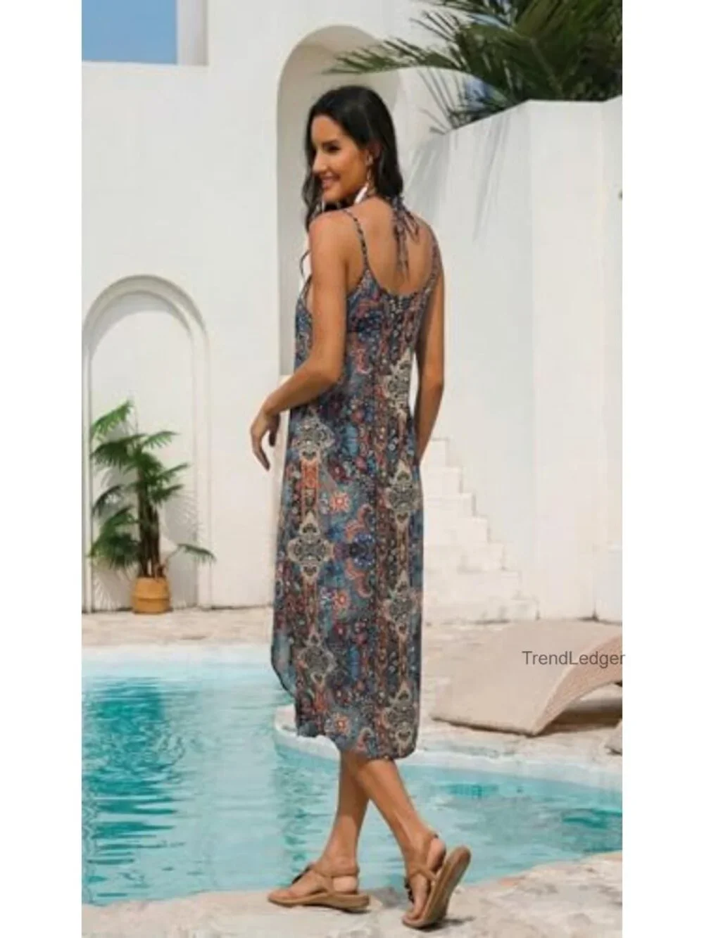 Spaghetti Strap V Neck Beach Cover Up Dress with Pockets